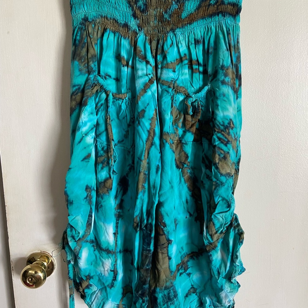 Turquoise Tie-Dye Capris with Smocked Waistband
